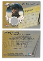 2002 Fleer Tradition Update This Day In History Game Used #6 Barry Bonds