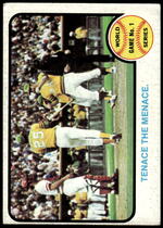 1973 Topps Base Set #203 WS Game 1 Tenace the Menace|Johnny Bench|George Hendrick|Gene Tenace